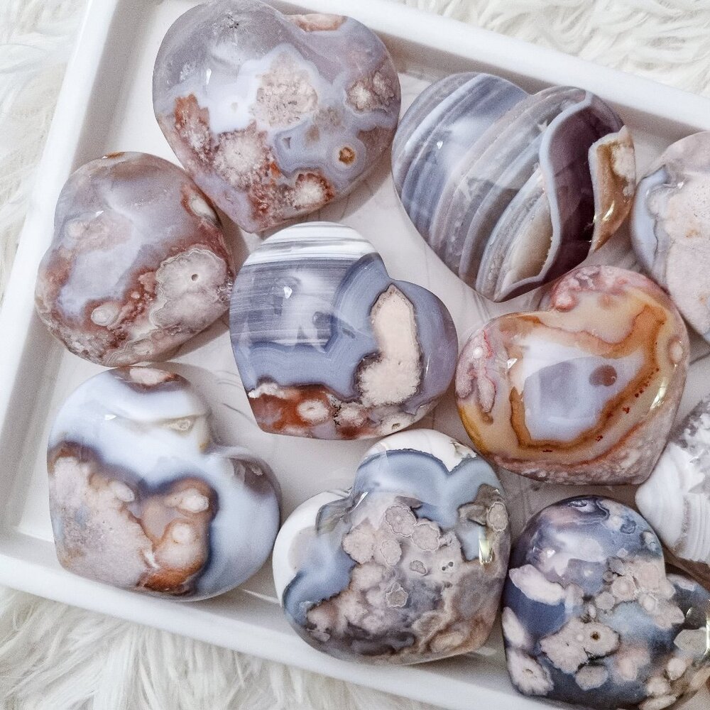 Flower Agate Heart Crystal Carving / Druzy / Blue Green Red